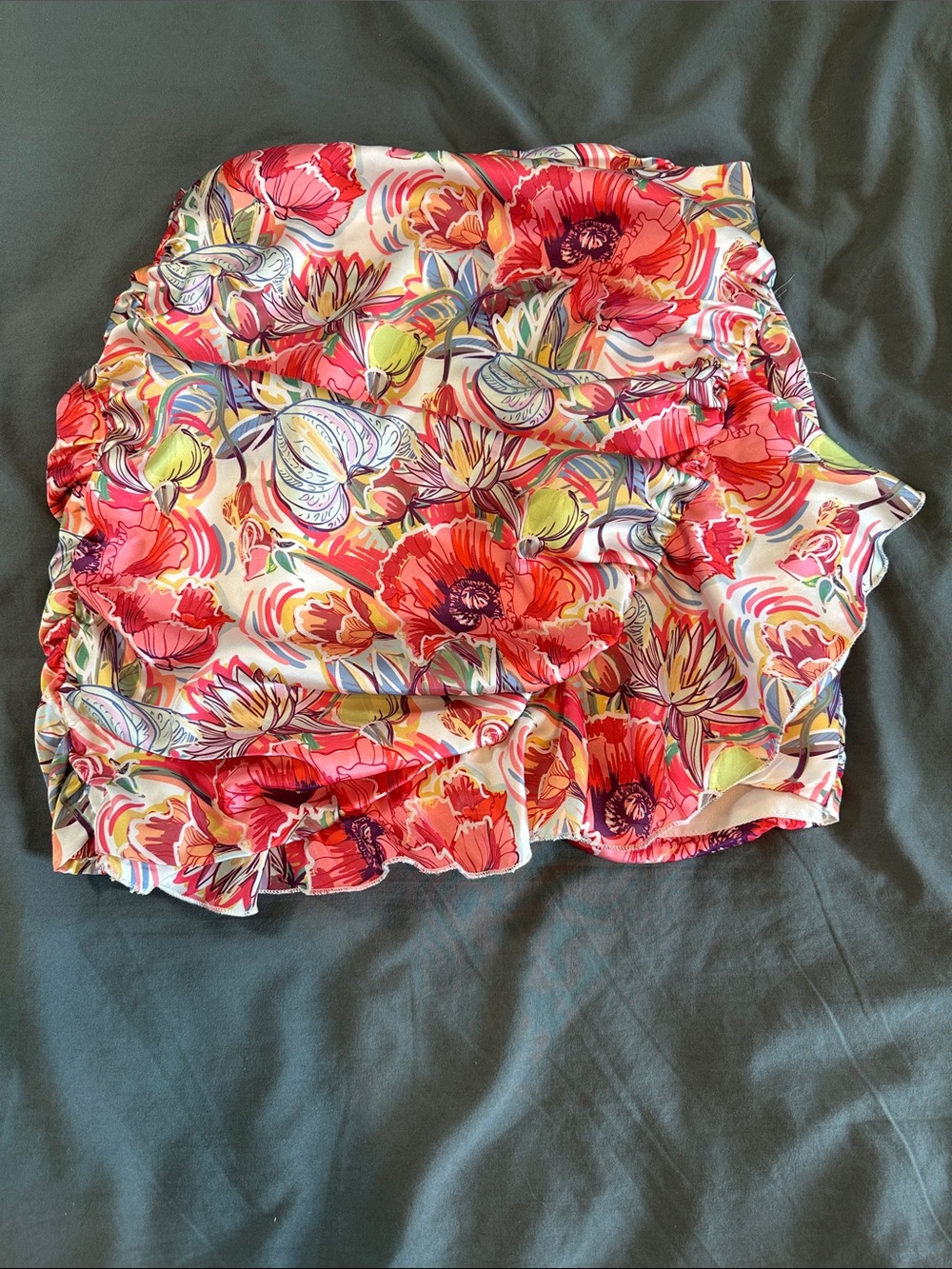 Floral Print Ruffled Satin Skirt - Pink Red Green (S)